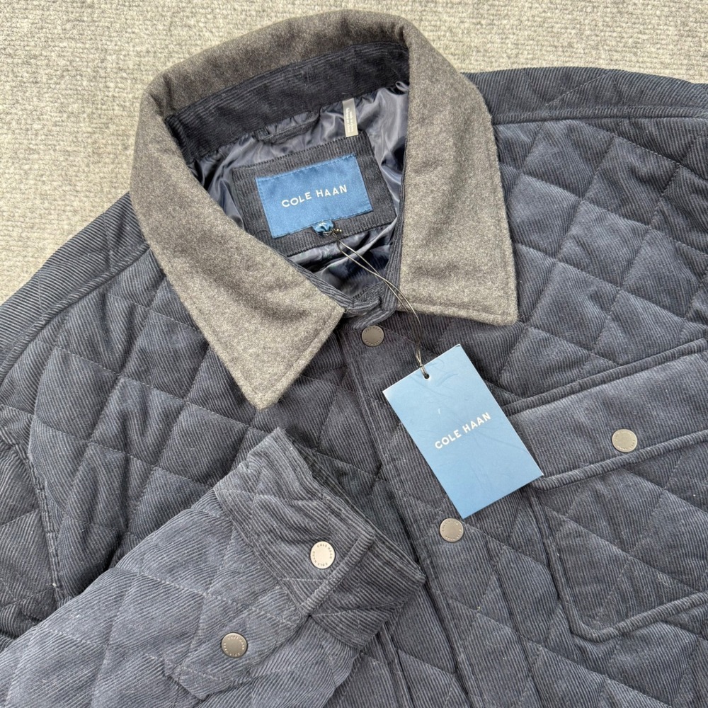 Cole Haan Collared Quilted Button-Front Jacket Corduroy XXL Navy Blue Snap Men's